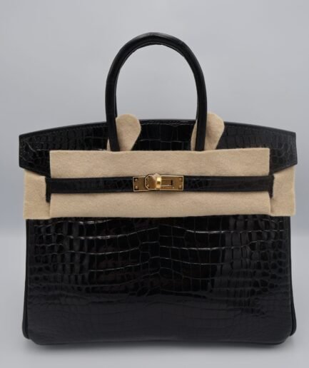 Birkin 25 Black Shiny Porosus Ghw U