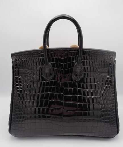 Birkin 25 Black Shiny Porosus Ghw U